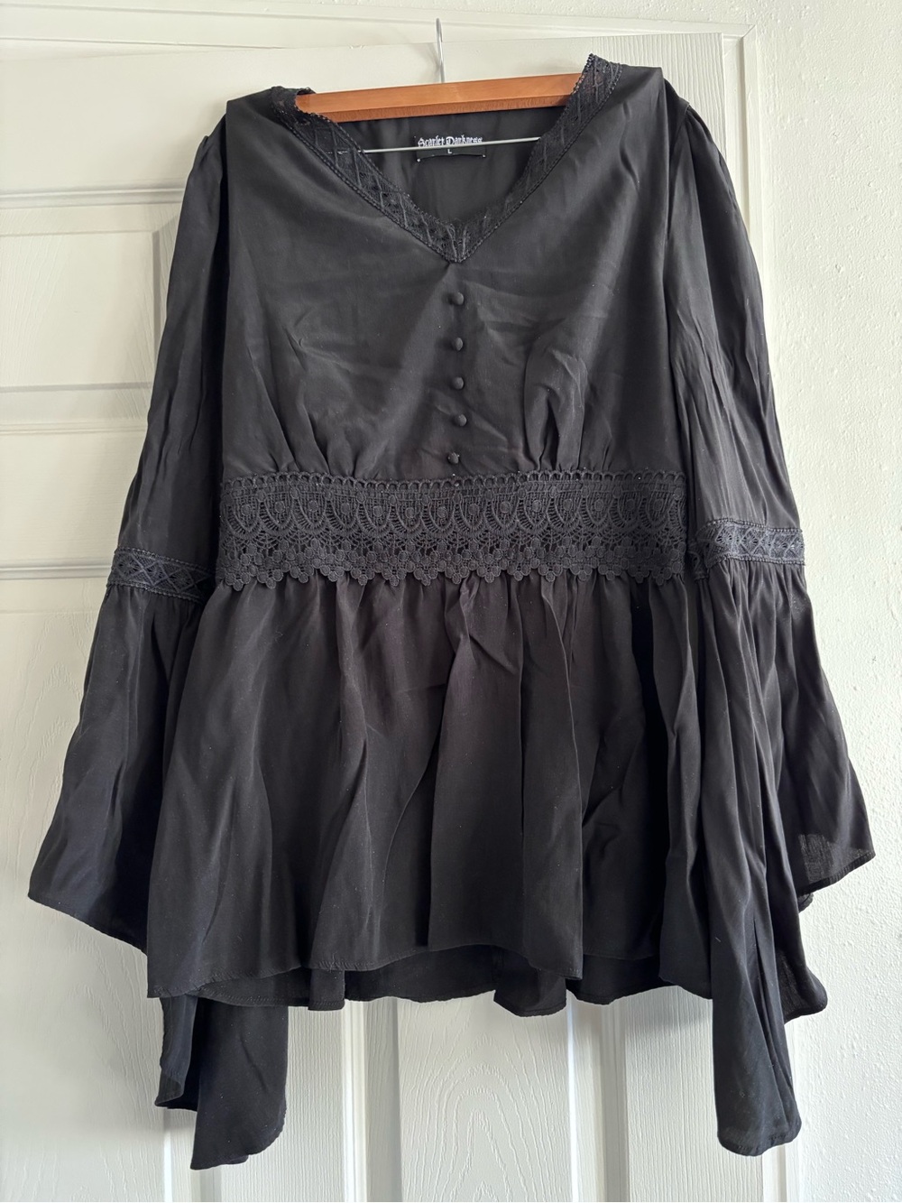 Black Lace-Trim V-Neck Peasant Tunic - Women - Picture 2 of 7